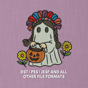 Cute Halloween ghost embroidery design holding pumpkin bucket with yellow flowers