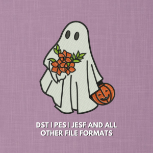 Halloween ghost embroidery design with flowers and pumpkin bucket in 5x7 size