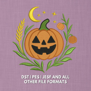 Jack-o-lantern Halloween embroidery design with moon stars and botanical details in 5x7 size