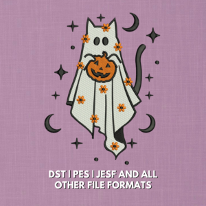 Halloween ghost cat embroidery design holding a pumpkin with flowers moons and stars in 5x7 size