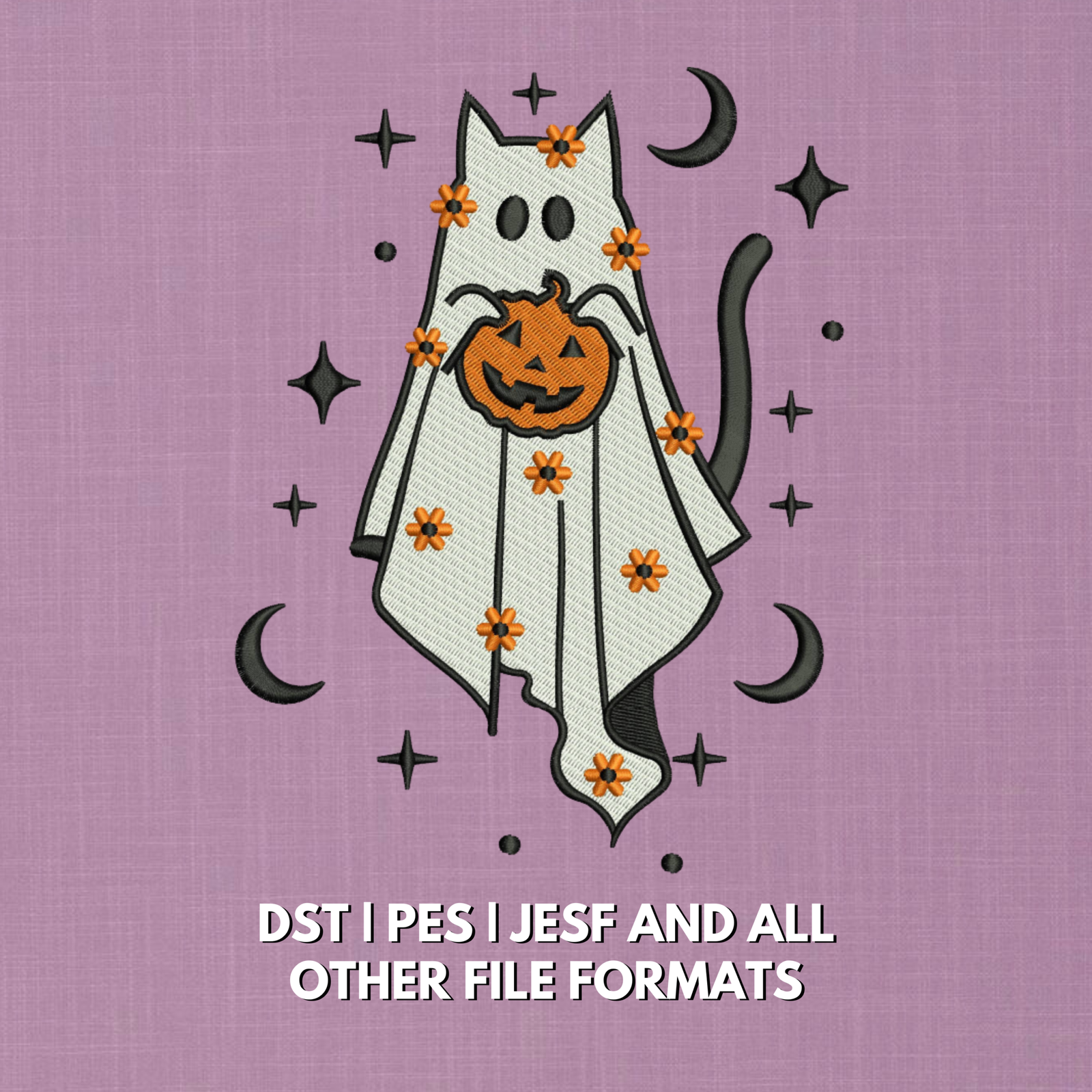 Halloween ghost cat embroidery design holding a pumpkin with flowers moons and stars in 5x7 size