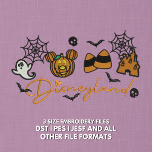 Cute Halloween pumpkin mouse ear embroidery design with bats, ghosts, candy corn and spider webs