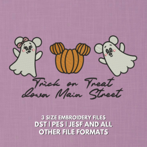 Trick or Treat Halloween embroidery design with cute ghosts and pumpkin in 4x4 5x7 and 6x10 sizes
