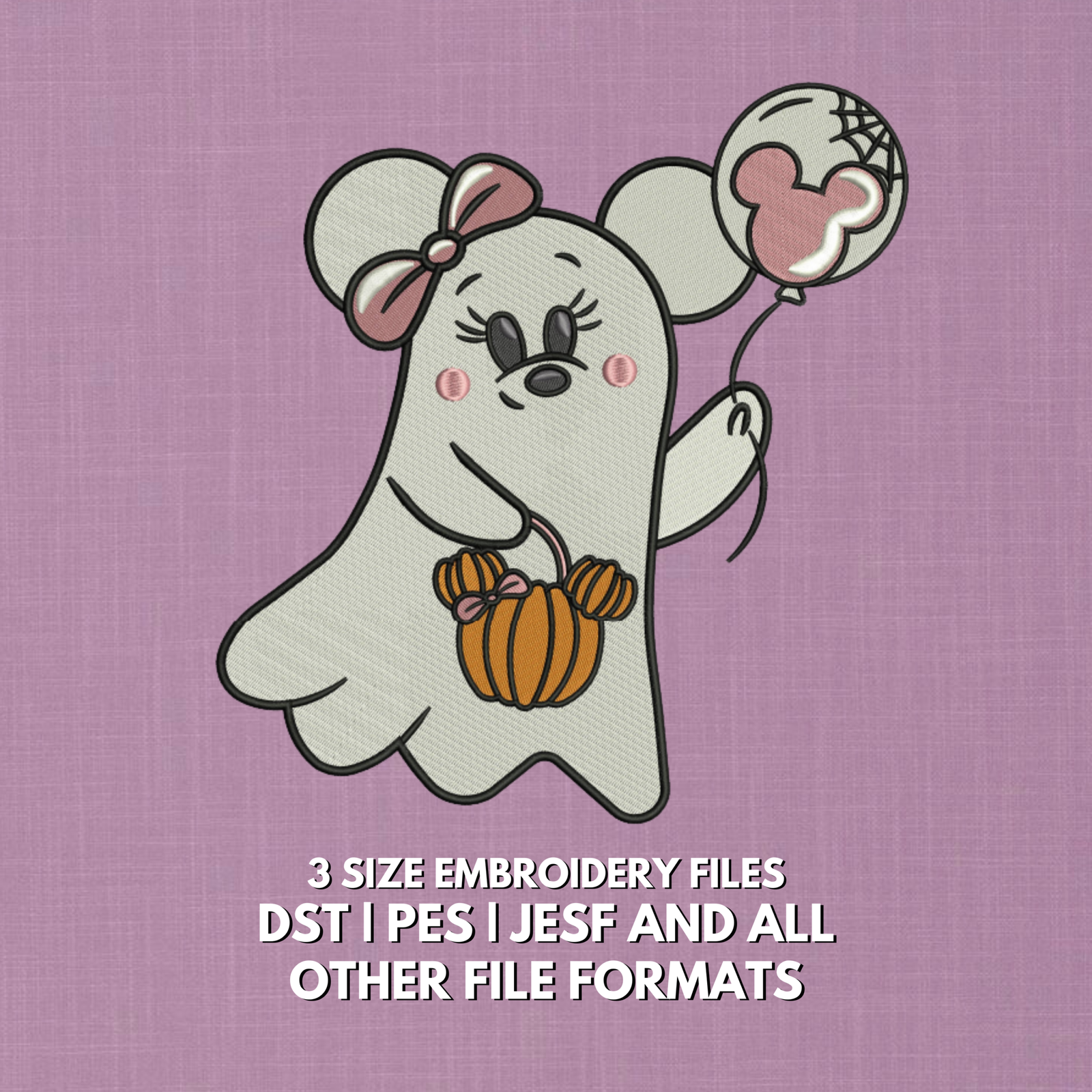 Cute Halloween ghost embroidery design with pumpkin bow and balloon in 5x7 6x10 and 8x12 sizes