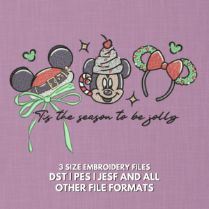 Mickey Mouse Christmas embroidery design with Santa hat, wreath, candy cane and Tis the Season to Be Jolly