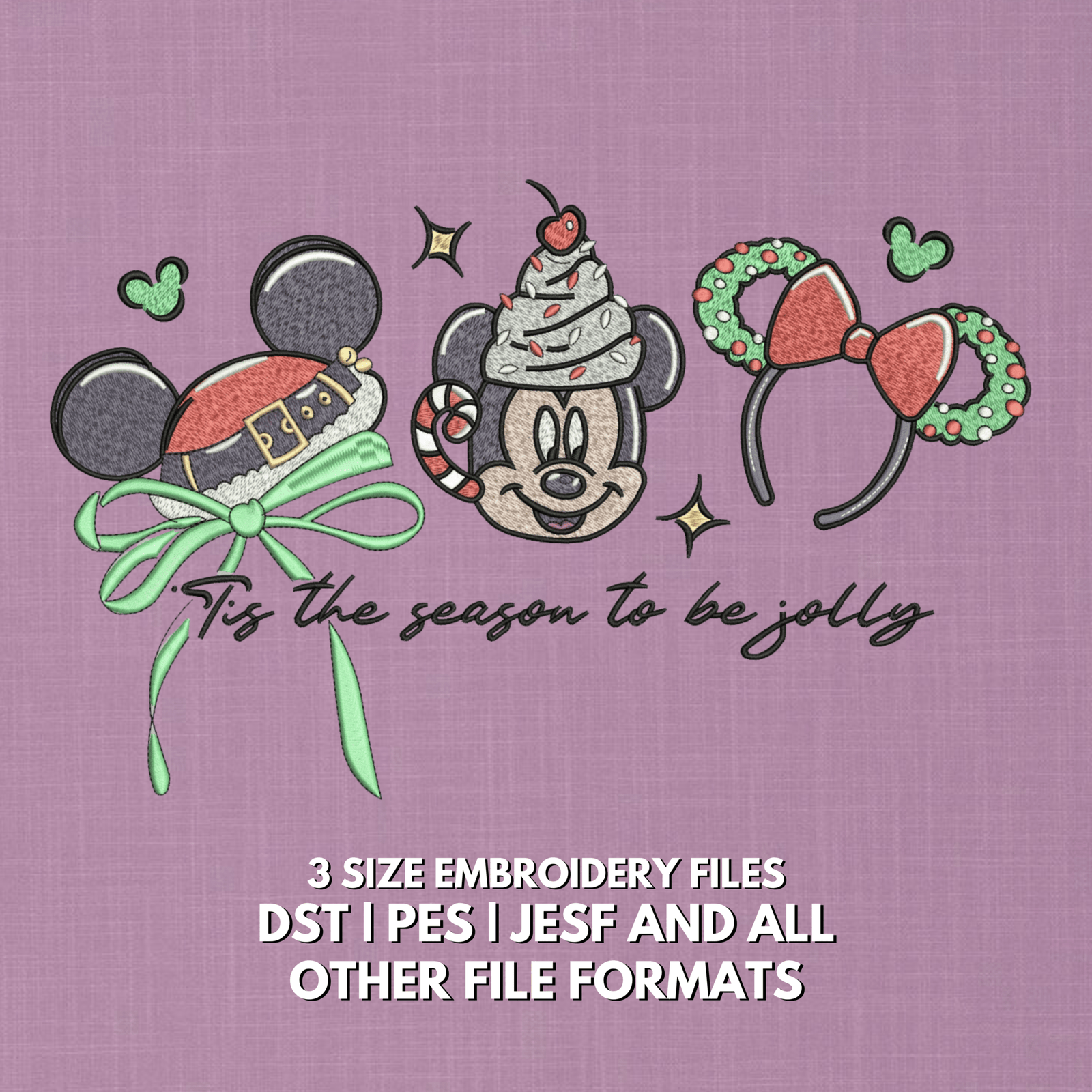 Mickey Mouse Christmas embroidery design with Santa hat, wreath, candy cane and Tis the Season to Be Jolly
