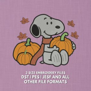 Snoopy fall pumpkin embroidery design with pumpkins and autumn leaves