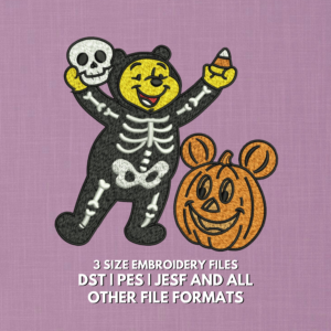Cute Halloween skeleton pumpkin embroidery design with skull and candy corn