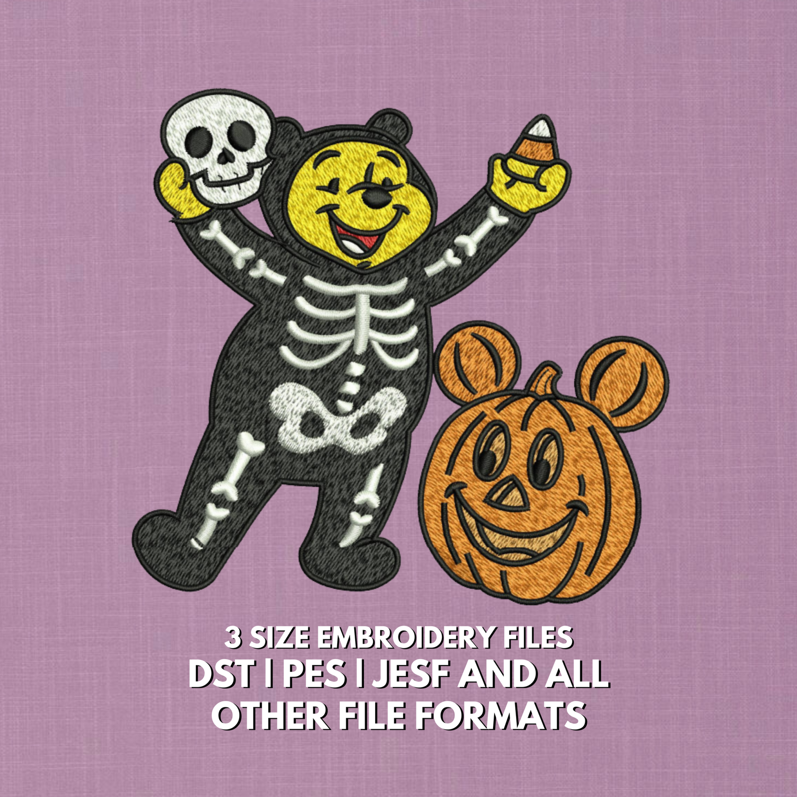 Cute Halloween skeleton pumpkin embroidery design with skull and candy corn