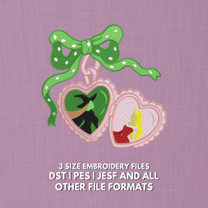 Wicked heart Christmas ornament embroidery design with green polka dot bow