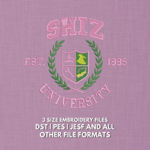 Shiz University crest embroidery design with laurel wreath and magical school symbols