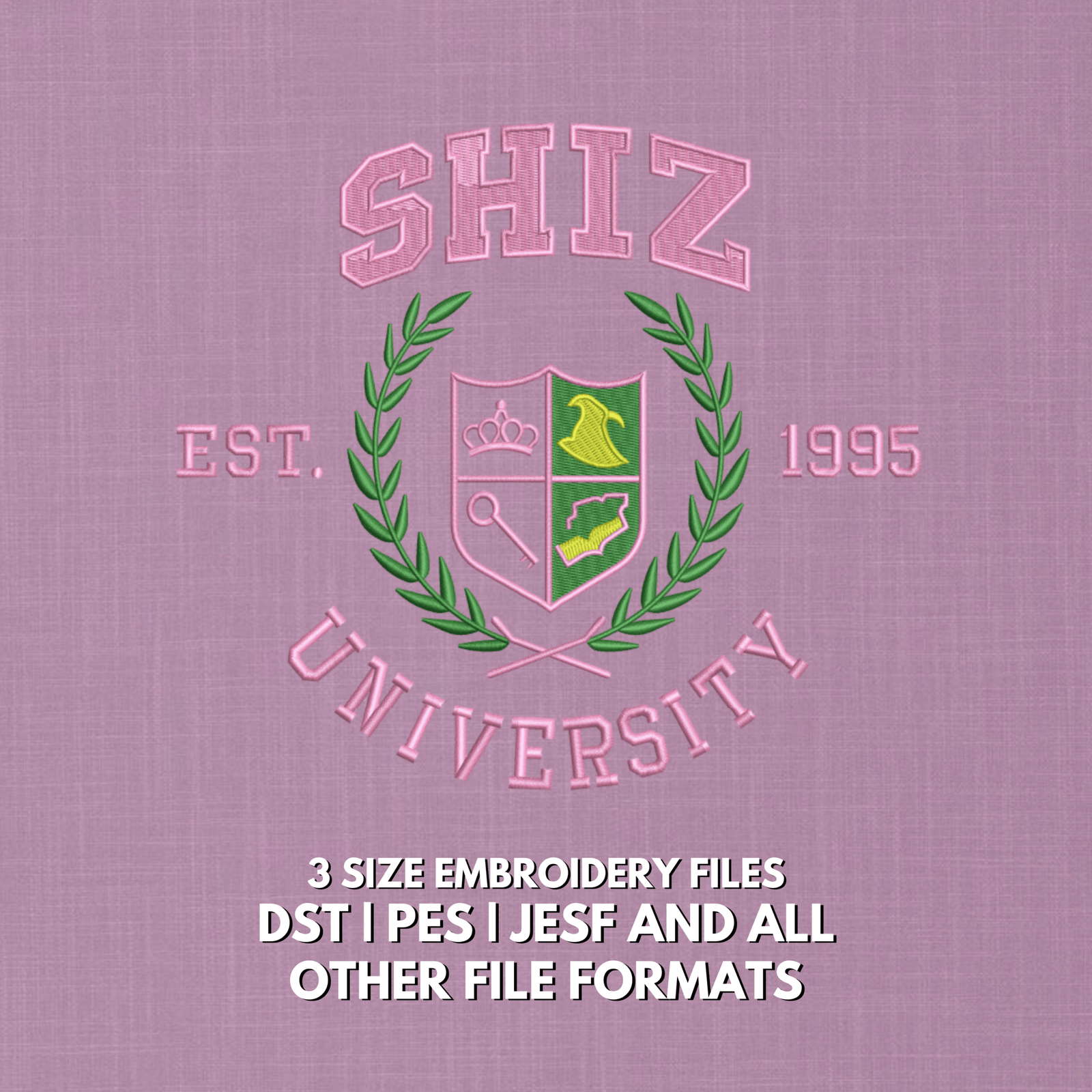 Shiz University crest embroidery design with laurel wreath and magical school symbols