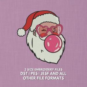 Cute Santa Claus bubble gum embroidery design with heart-shaped pink glasses