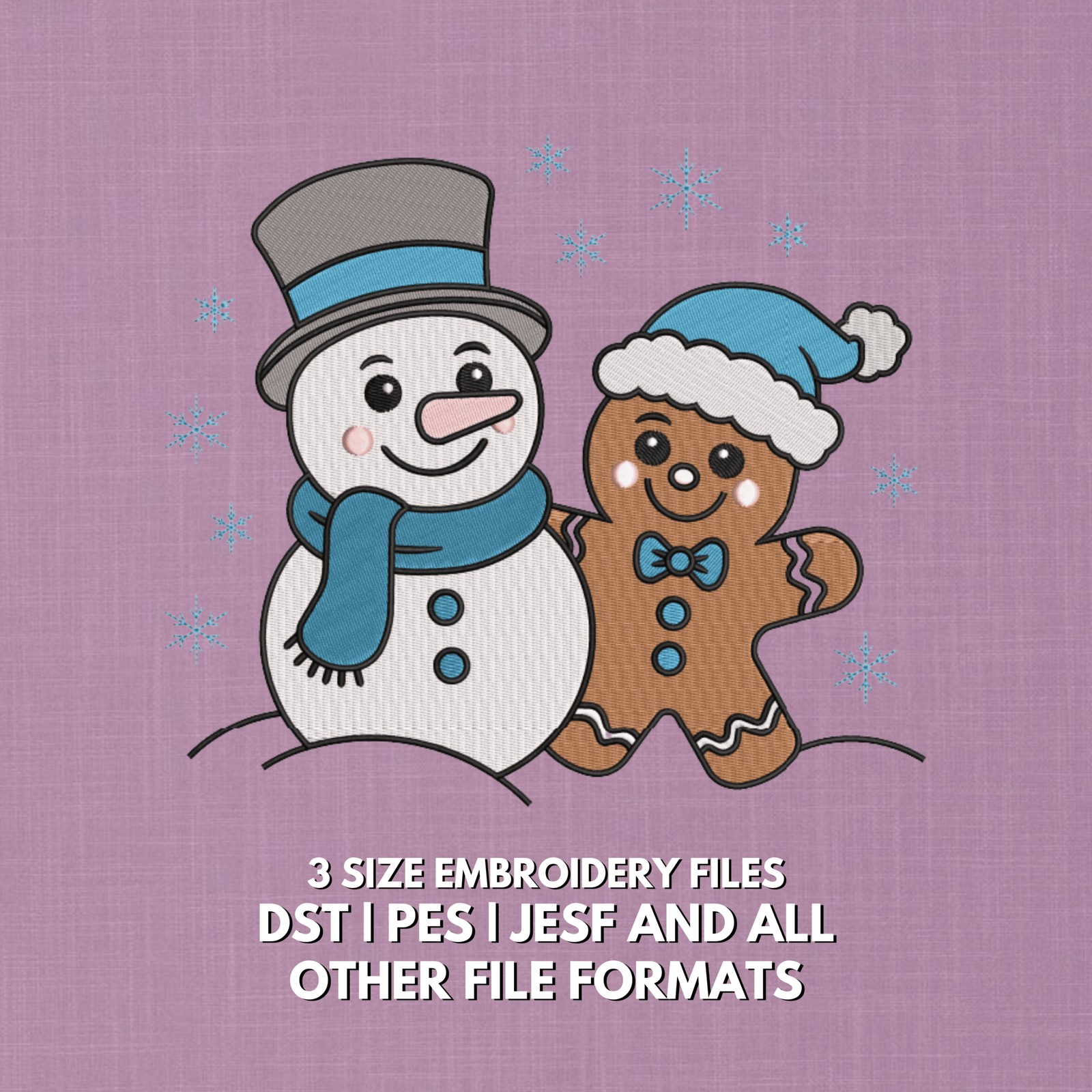 Snowman and gingerbread man Christmas embroidery design with snowflakes