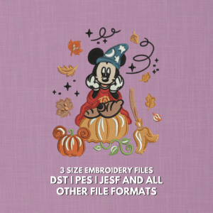 Mickey Mouse fall pumpkin embroidery design with wizard hat, cape, broom and autumn leaves