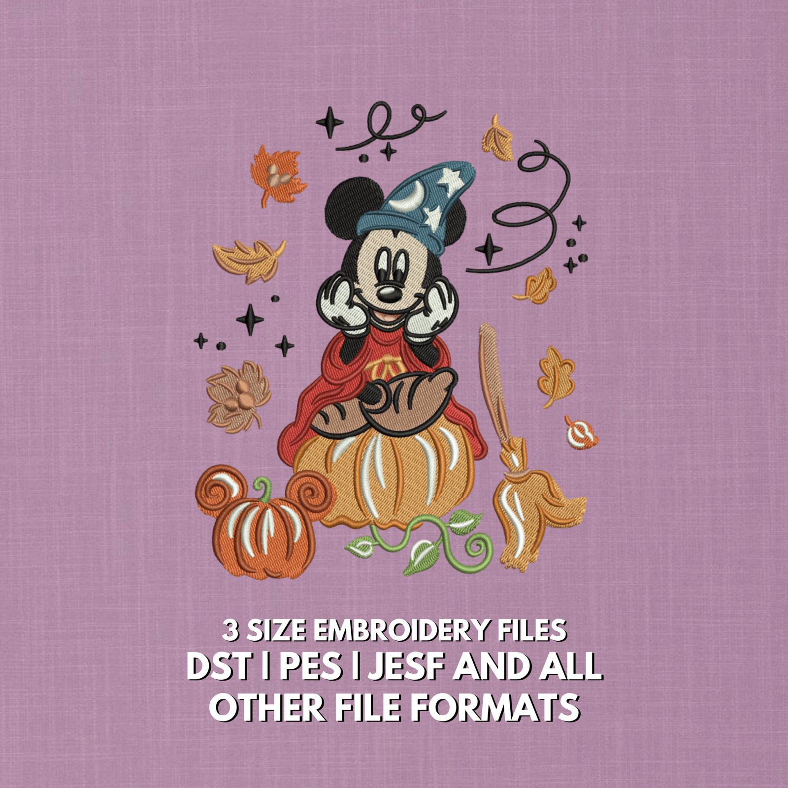 Mickey Mouse fall pumpkin embroidery design with wizard hat, cape, broom and autumn leaves