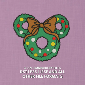 Christmas wreath embroidery design with colorful ornaments and large bow