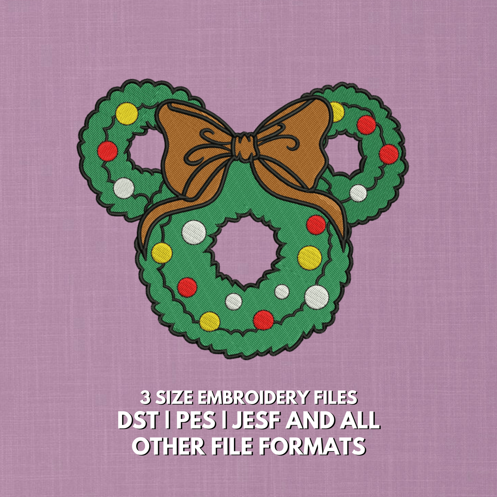 Christmas wreath embroidery design with colorful ornaments and large bow