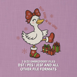 Silly Goose Christmas embroidery design with festive goose, gifts, snowflakes and holiday boots