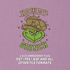 Howdy Grinch Christmas embroidery design with cowboy hat, holly and festive lights