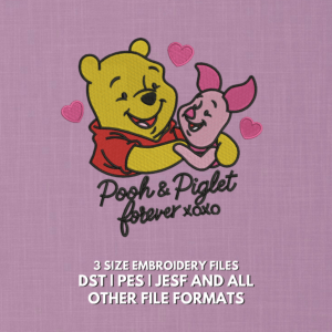 Pooh and Piglet love embroidery design with Forever XOXO lettering and hearts