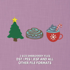 Christmas coffee and tree embroidery design with hot cocoa mug, candy cane and pastry