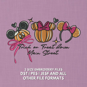 Trick or Treat Halloween mouse embroidery design with pumpkins pink bows and headband