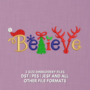 Believe Christmas embroidery design with reindeer antlers, Christmas tree and festive holiday lettering