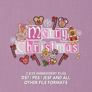 Merry Christmas embroidery design with cute mice, gingerbread, candy canes and festive holiday lettering