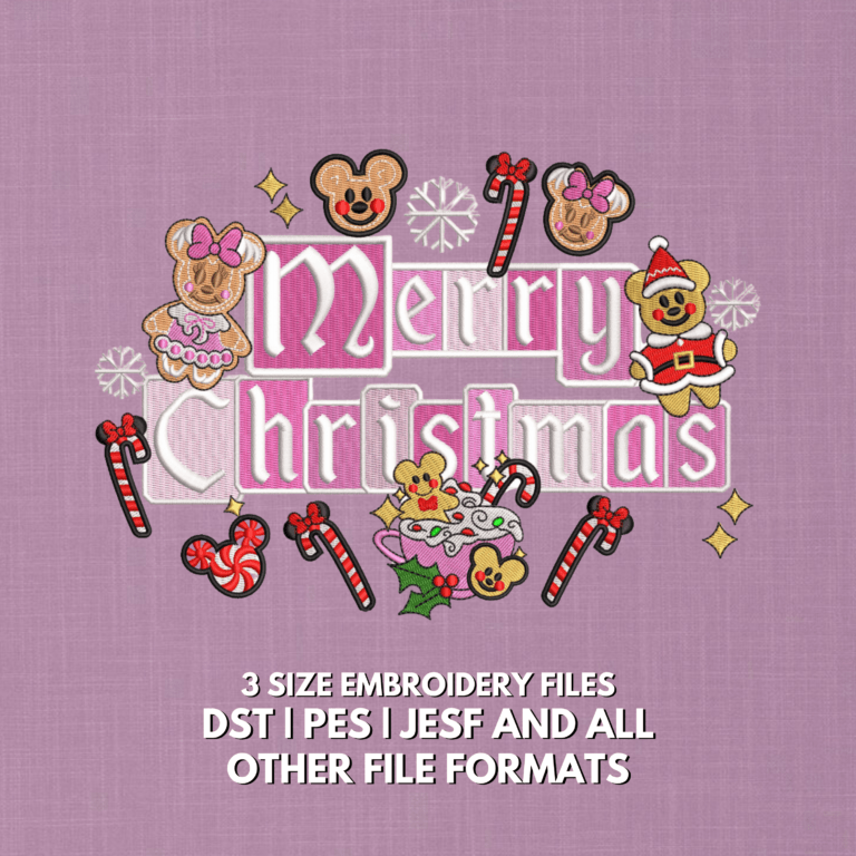 Merry Christmas embroidery design with cute mice, gingerbread, candy canes and festive holiday lettering