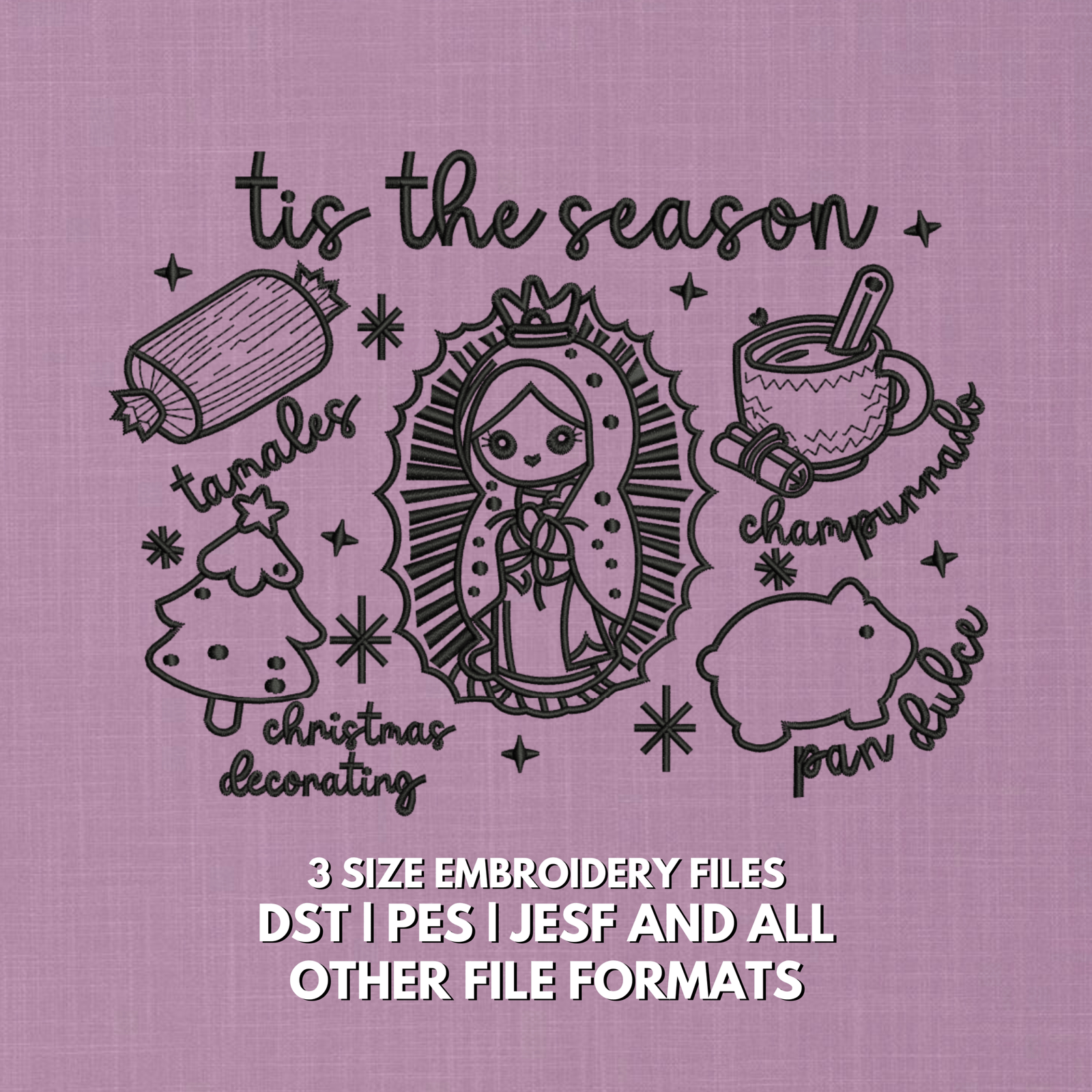 Tis The Season Christmas embroidery design with winter character, Christmas tree, mug, tamales and festive holiday details