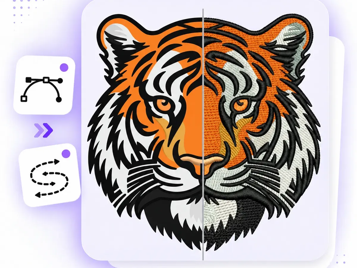 Tiger illustration split down the middle: flat vector artwork on the left, digital embroidery stitch preview on the right
