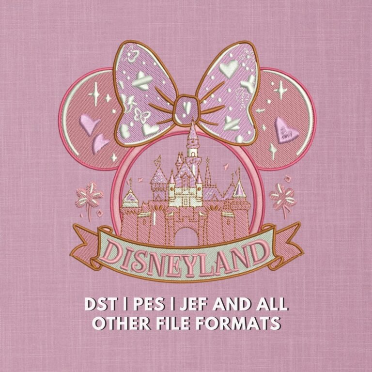 Disneyland Pink Castle Embroidery Design - Minnie Ears with Bow & Sparkles - Magical Mouse Trendy Embroidery Design - Fairy T